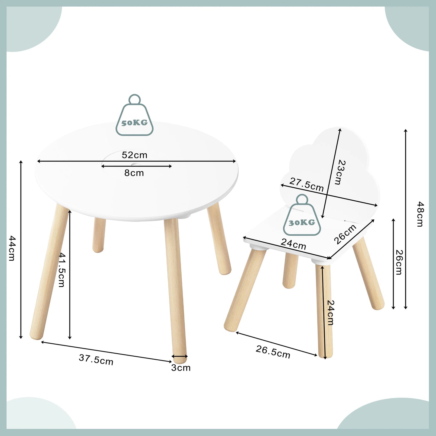 Bird _Children's Table with 2 Chairs Cloud Backrest Solid Wood Legs for Toddlers
