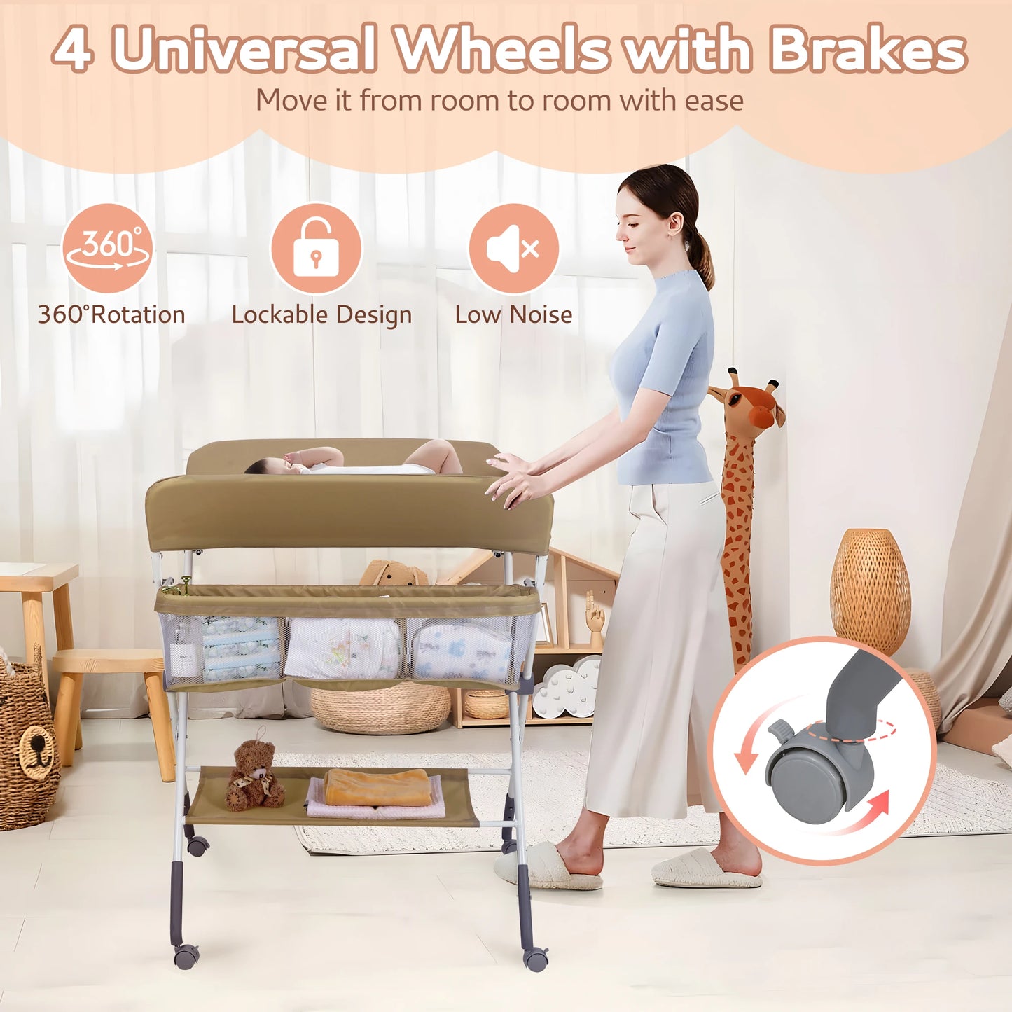 Joy _Portable Baby Changing Table with Wheels, Foldable Changing Station, Waterproof Height Adjustable Changing Table
