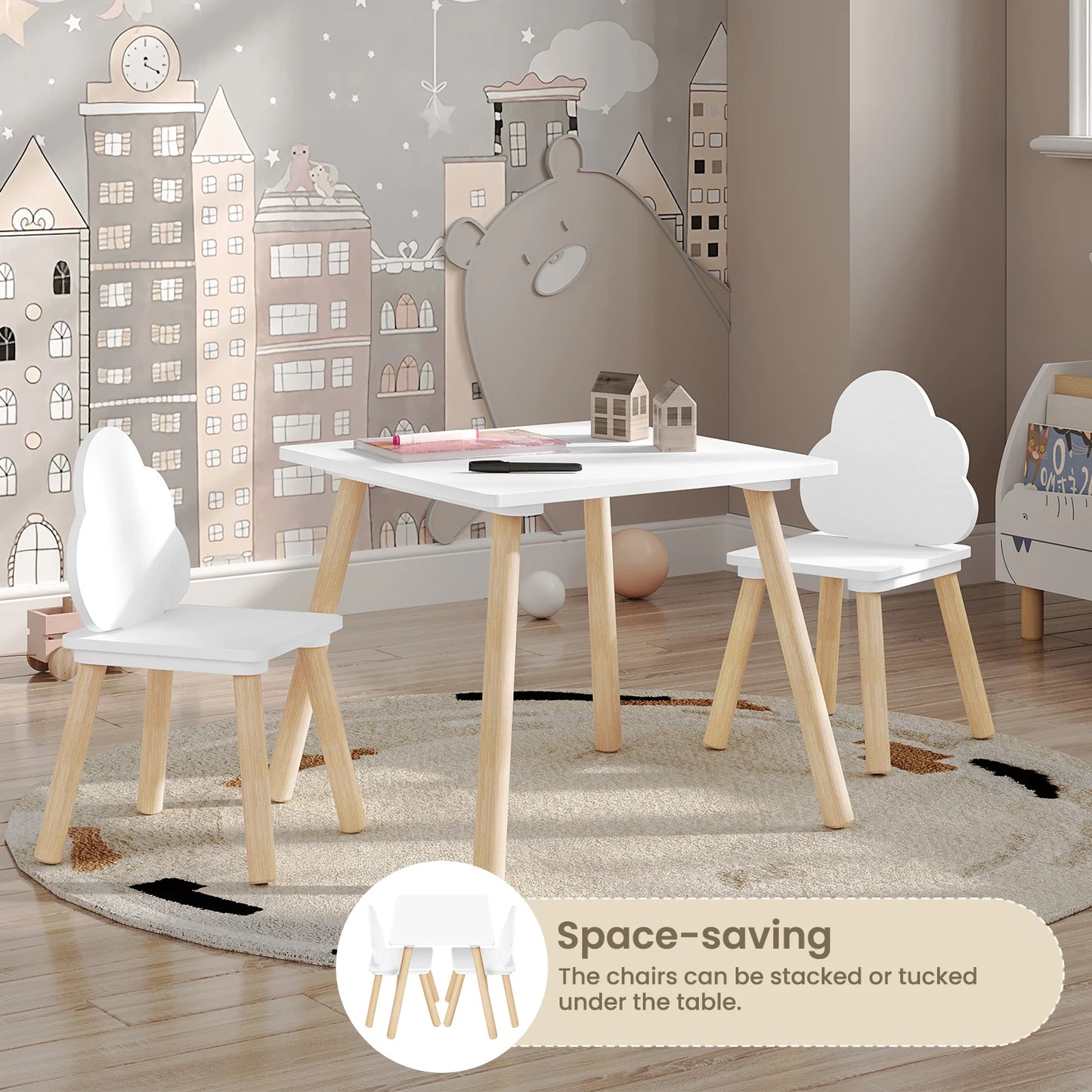 Bird _Children's Table with 2 Chairs Cloud Backrest Solid Wood Legs for Toddlers