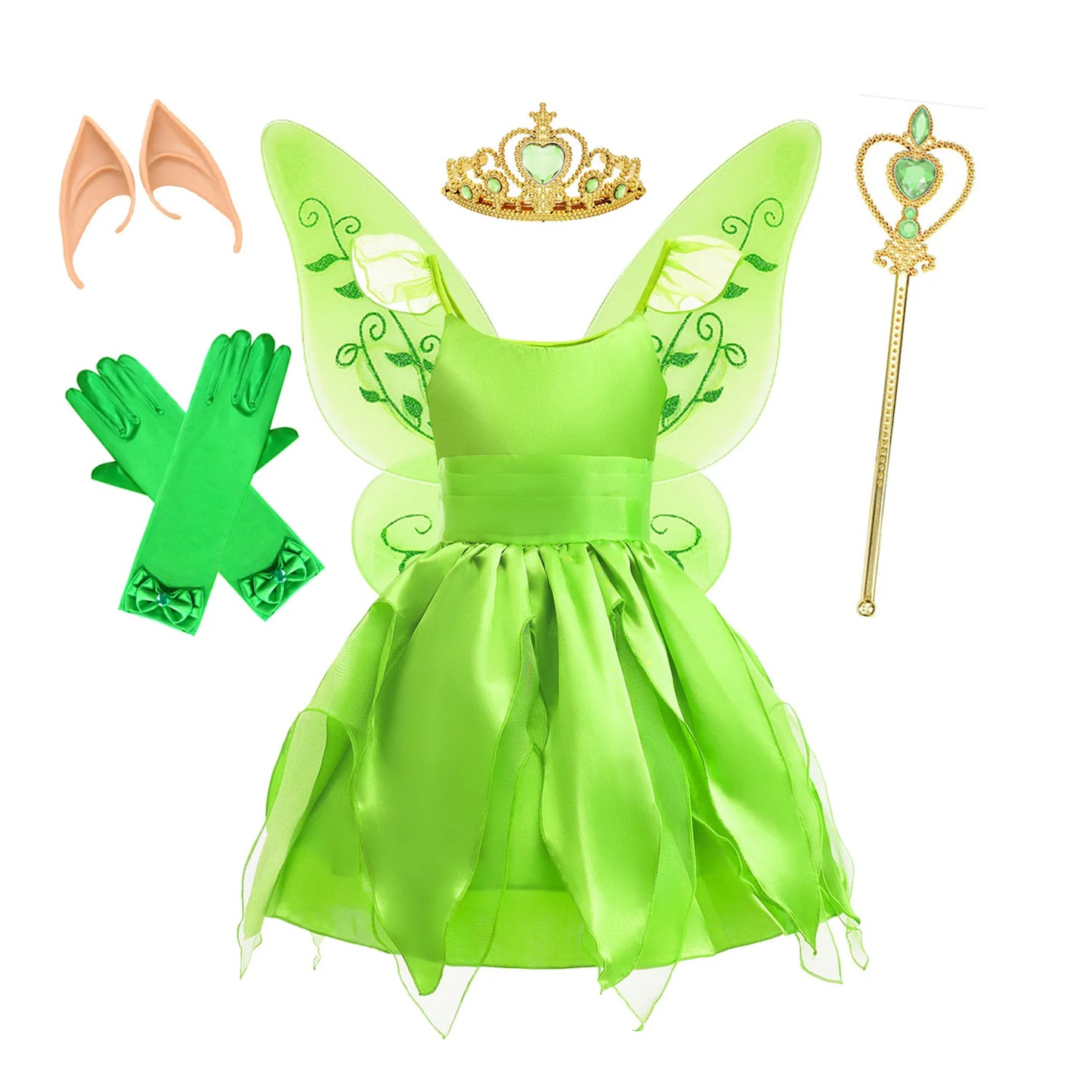 Bird_ Fairy Tinker Bell Dress for Girls Princess Costume Kids Cosplay Green Flower Fairy Elf Wings