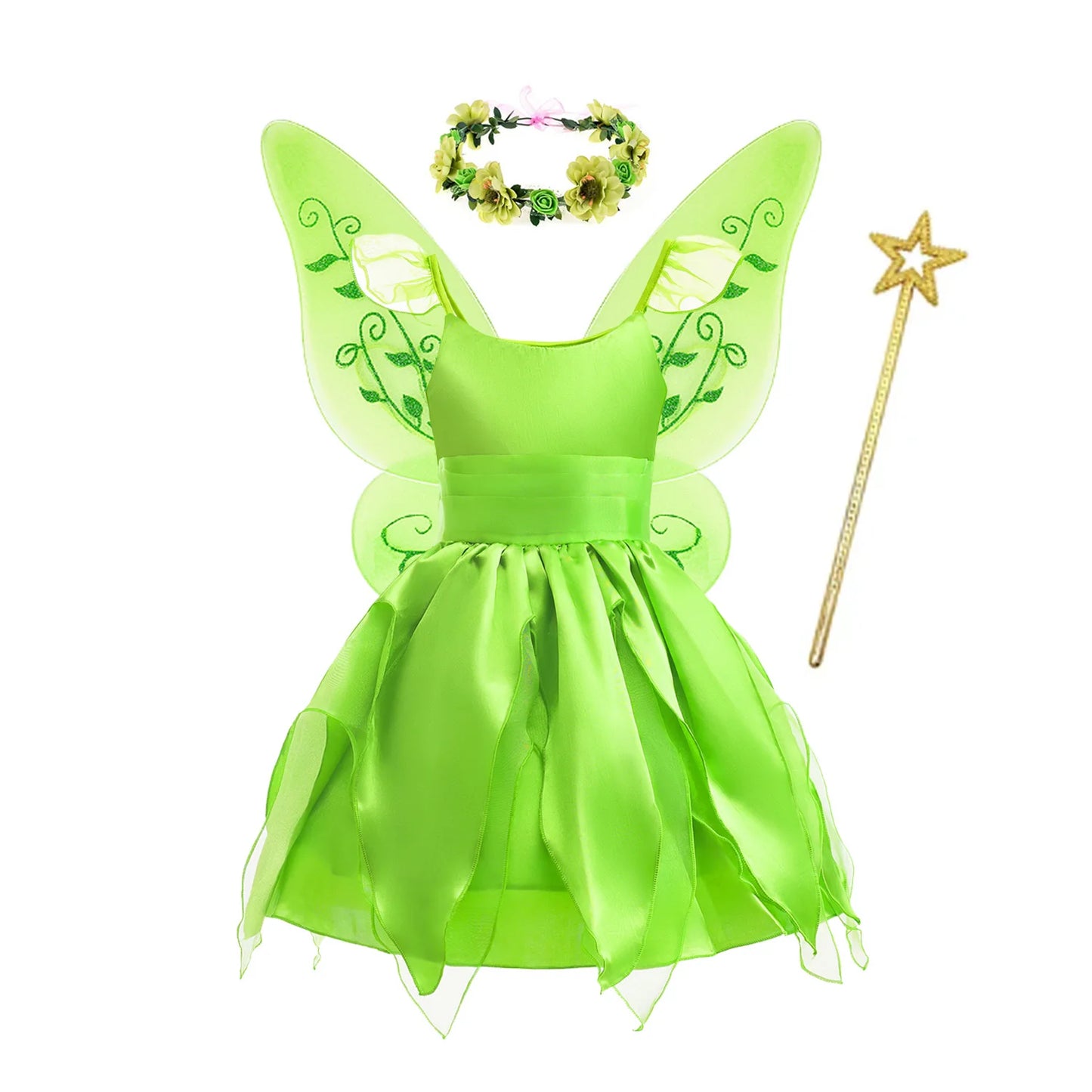 Bird_ Fairy Tinker Bell Dress for Girls Princess Costume Kids Cosplay Green Flower Fairy Elf Wings