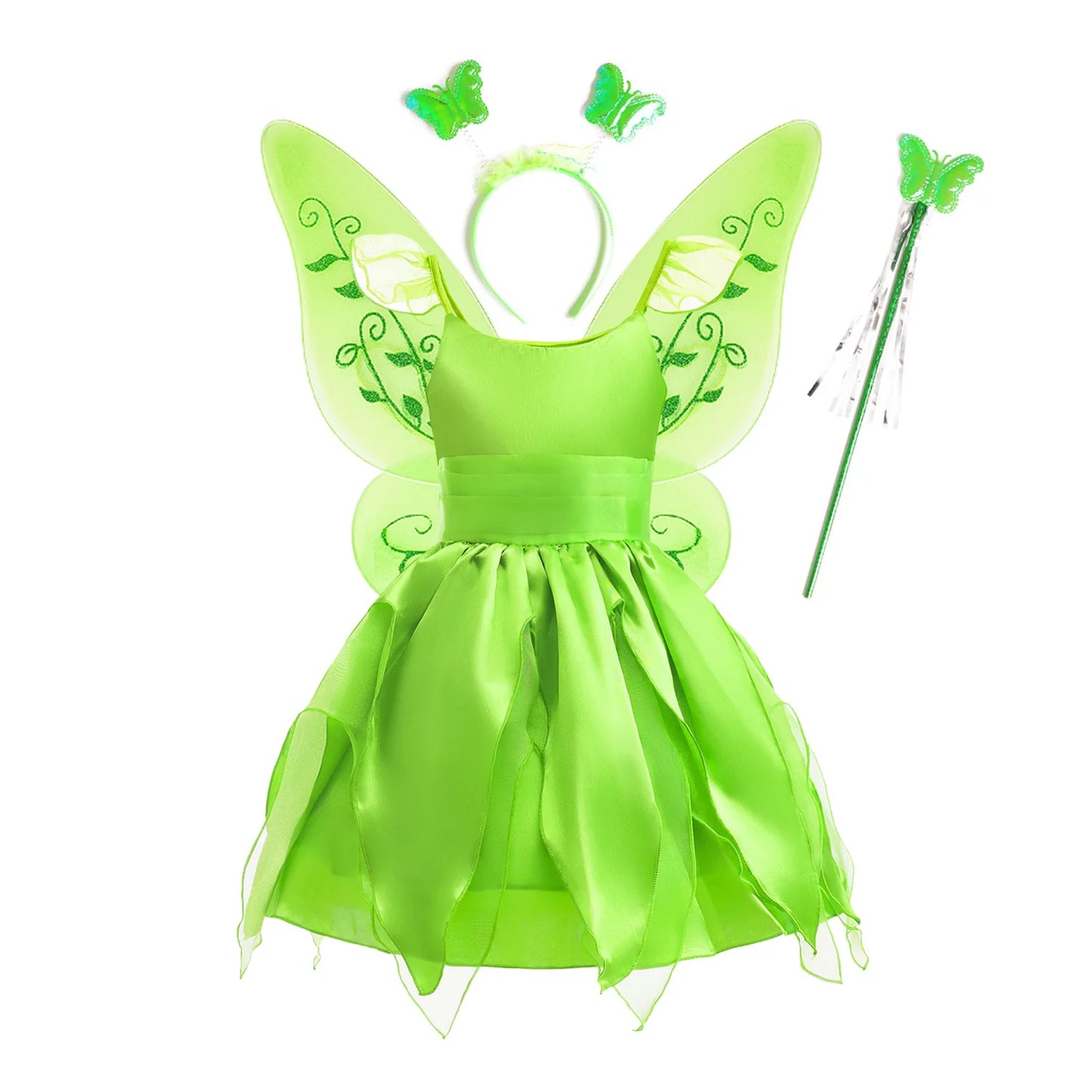 Bird_ Fairy Tinker Bell Dress for Girls Princess Costume Kids Cosplay Green Flower Fairy Elf Wings