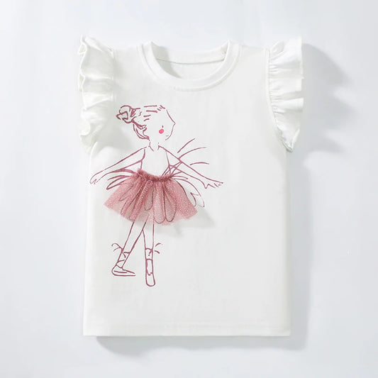 Little one_ Baby Girls Children's Clothing  Summer Clothes Toddler Lotus Leaf SleeveCartoon Ballet T Shirts