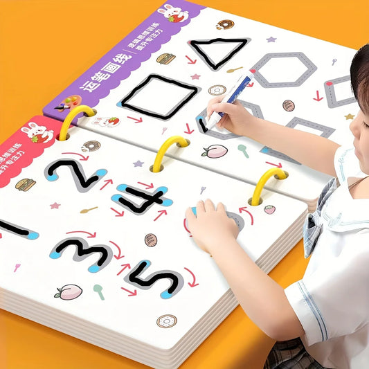 Child using a educational mat with shapes and numbers on an orange background