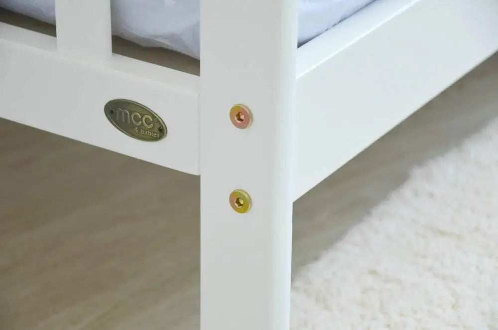 Bird_ White Solid Wooden Junior Toddler Kids Bed Montana with Foam Mattress and Safety Wooden Barrier (147 x 87.5 cm)