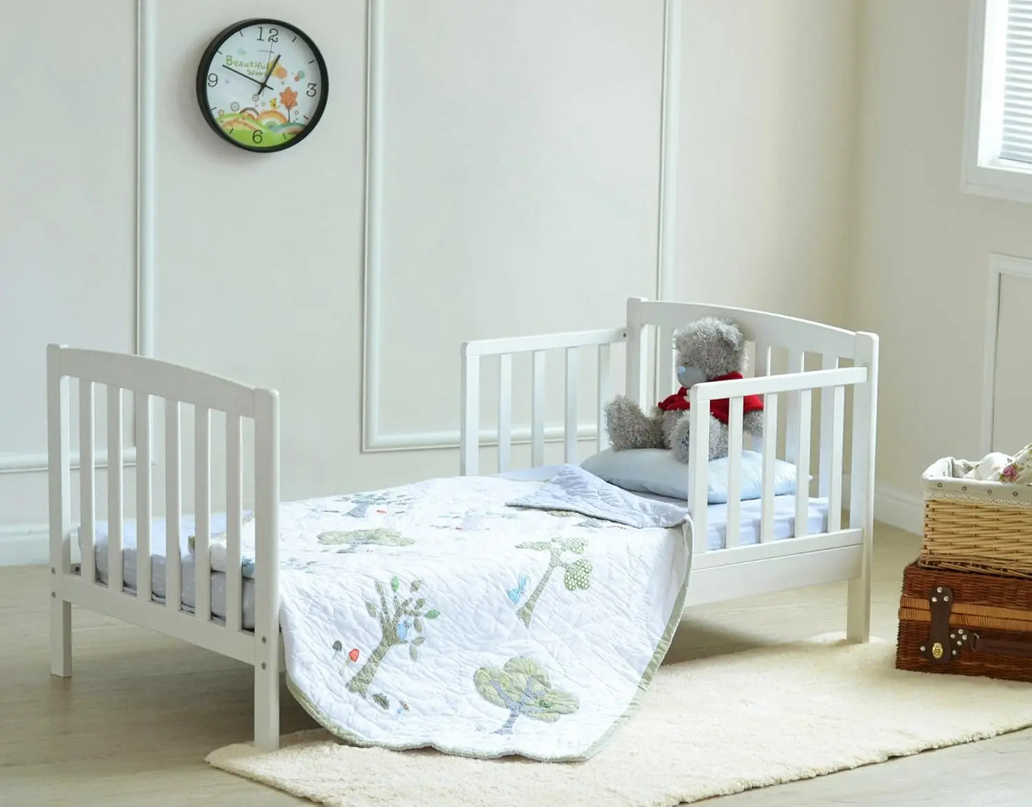 Bird_ White Solid Wooden Junior Toddler Kids Bed Montana with Foam Mattress and Safety Wooden Barrier (147 x 87.5 cm)