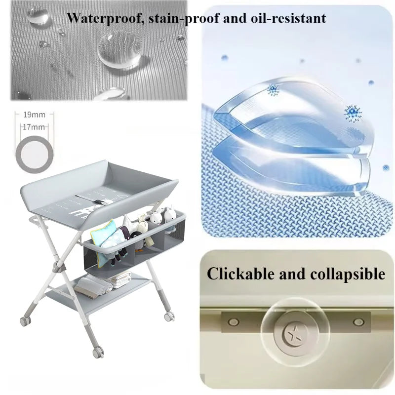 Baby land _Portable Baby Changing Table for Nursery Height Adjustable Foldable Diaper Table with Swivel Wheels Drying Rack Large Storage