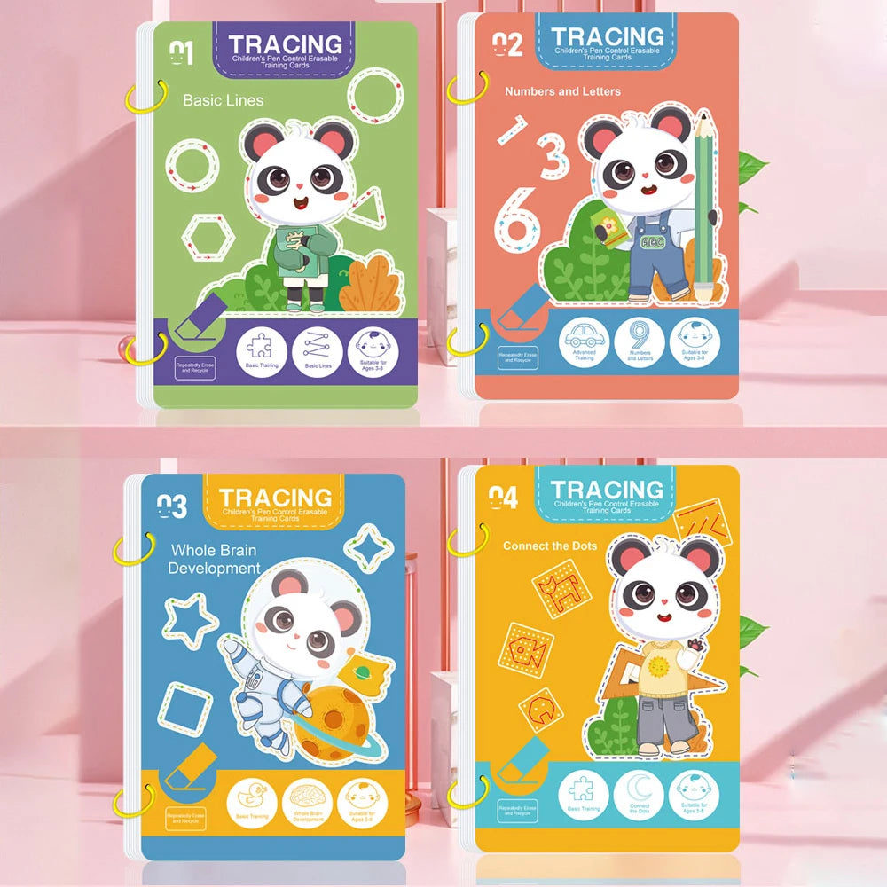 Four educational tracing books for children with cartoon panda characters on a pink background.