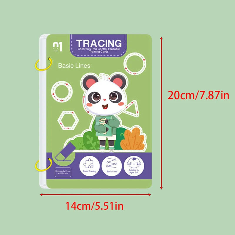 Children's tracing book with a panda design on a green background, showing dimensions.