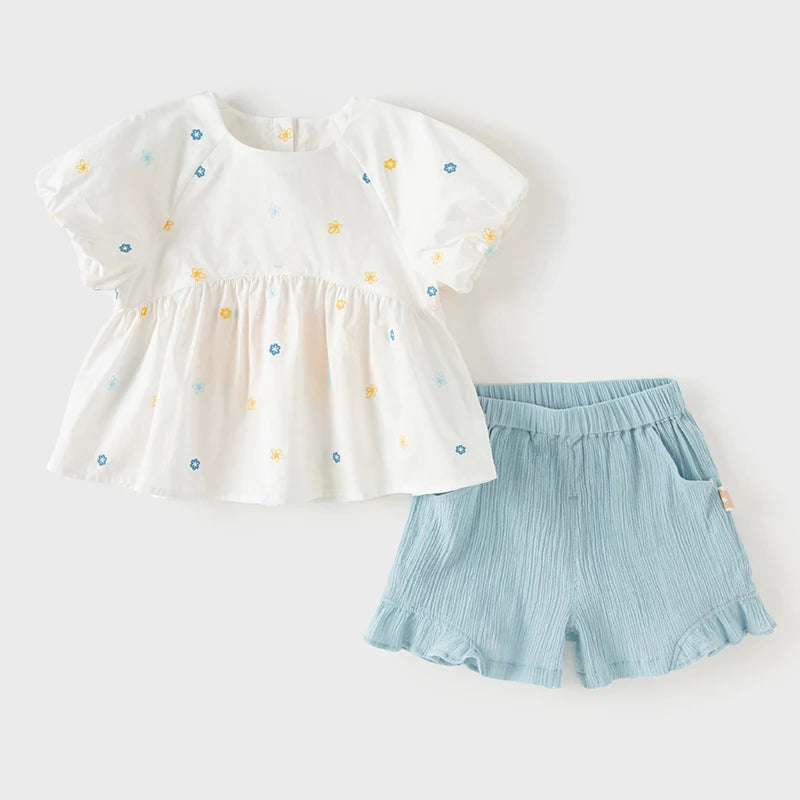 Two-Piece Girls Flower Thin Top Shorts Set