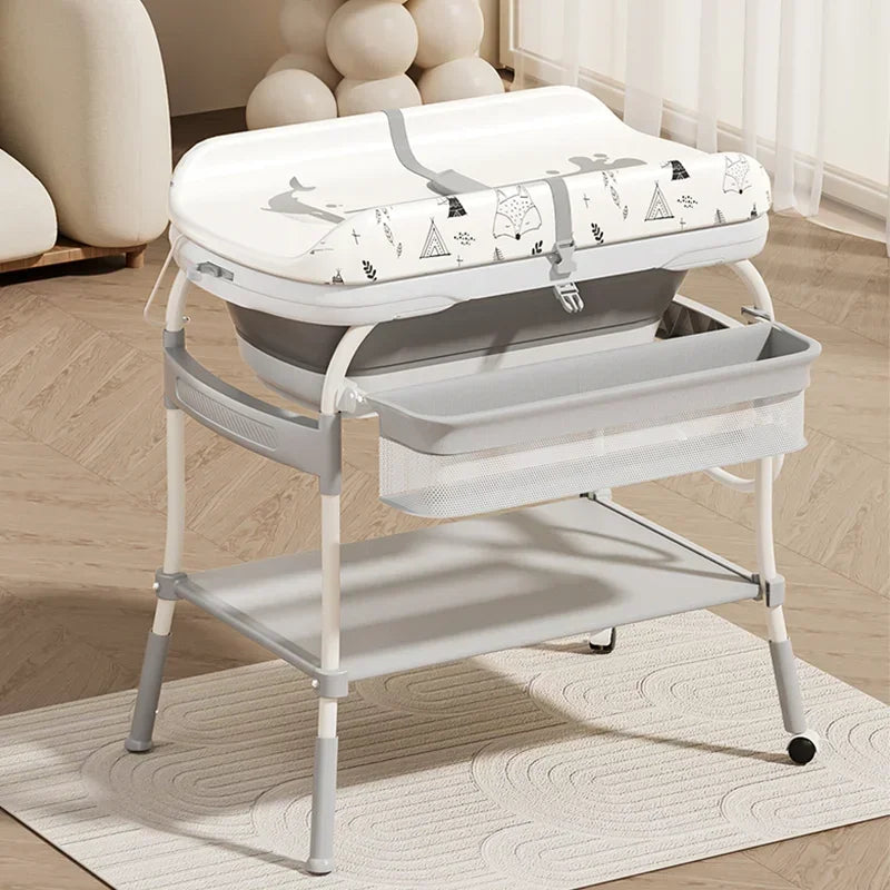 Bird _Baby Changing Table with Bathtub 2 in 1 Portable Foldable Infant Diaper Changing Table with Storage Tray 2 Wheels Anti-rollover