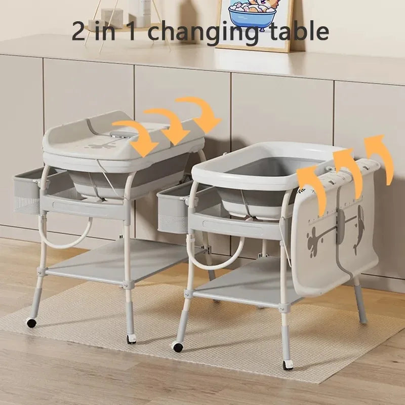 Bird _Baby Changing Table with Bathtub 2 in 1 Portable Foldable Infant Diaper Changing Table with Storage Tray 2 Wheels Anti-rollover