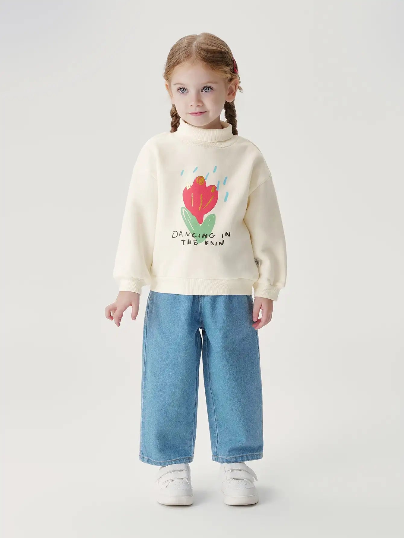 PRETTY_ Girls Cartoon Printed Padded Ribbed High Neck Sweatshirt