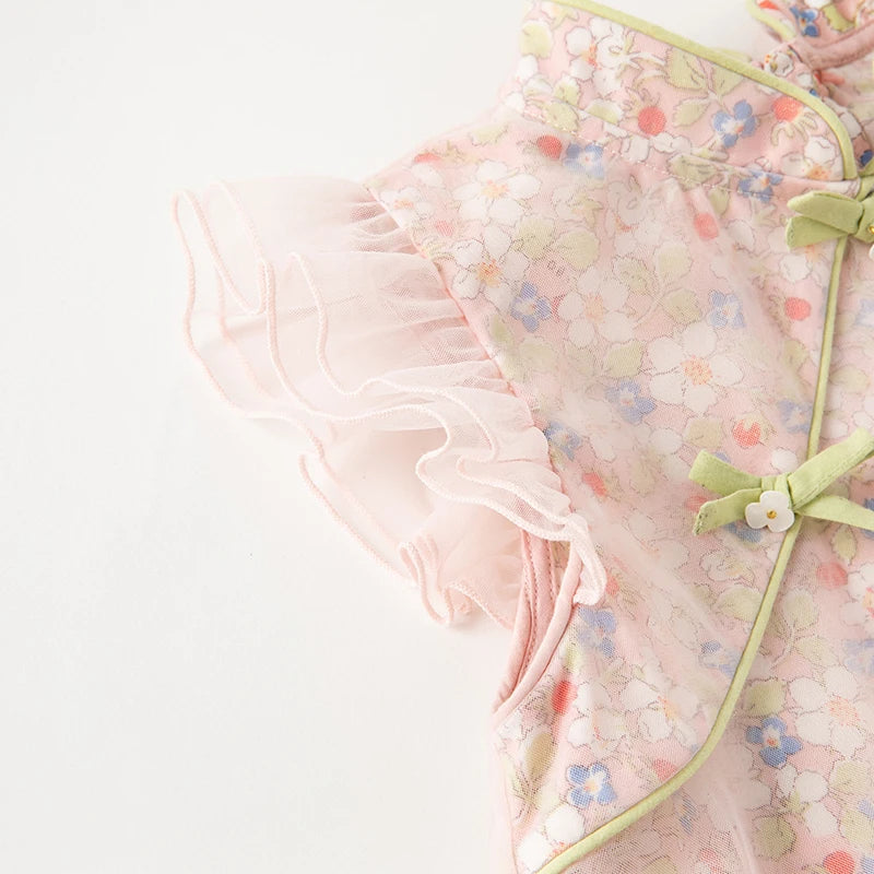 FLOWRY_ Pink Floral Print Children's Girls Cheongsam Style Dress