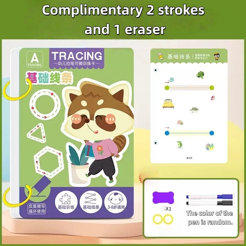 36-Page Reusable Workbook - 2 Pens + Eraser, Erasable Stickers for Kids' Drawing & Control, New Year & Christmas Gift