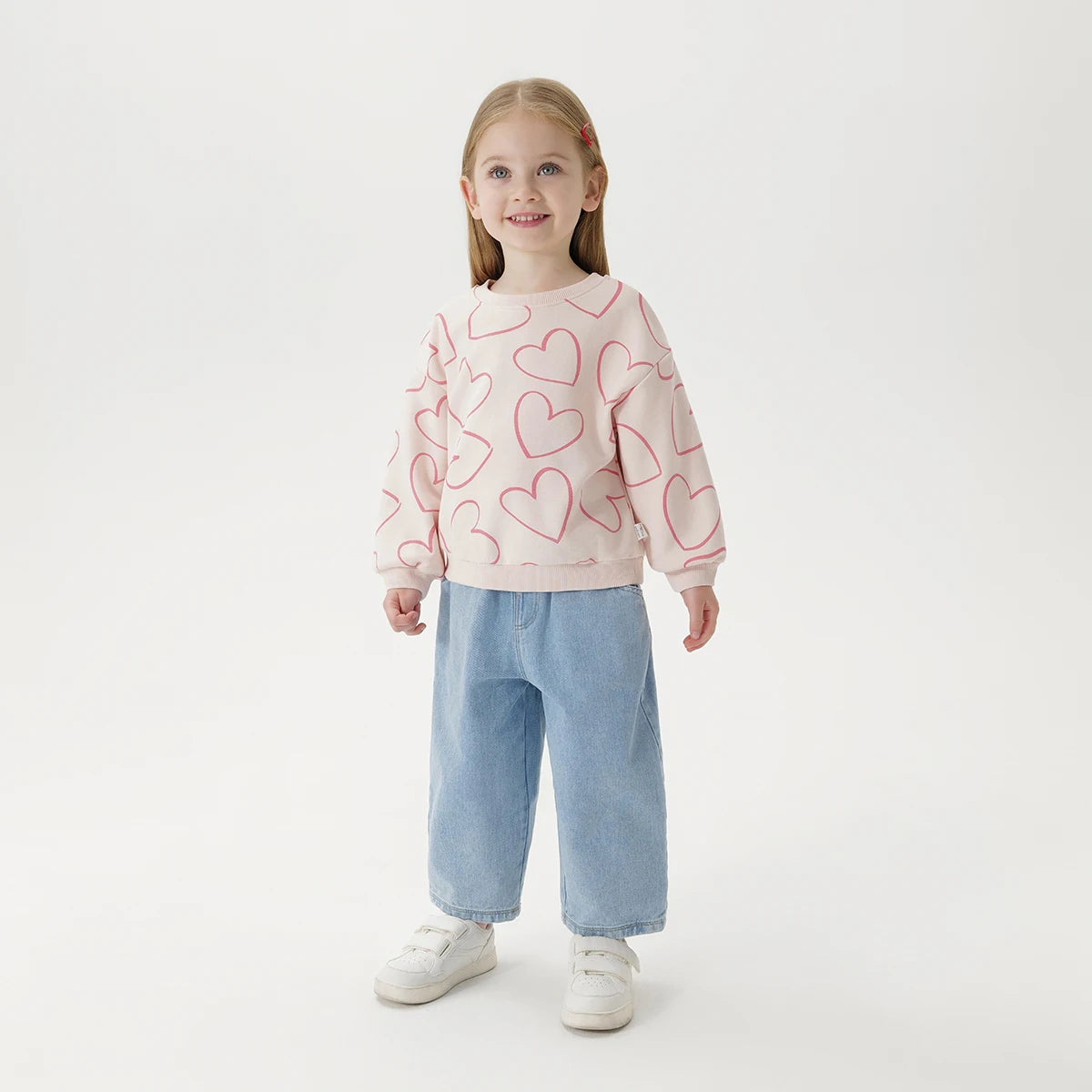 PRETTY_ Girls Loose Fit Heart Flower Sweatshirt Soft Ribbed Crew Neck Tops