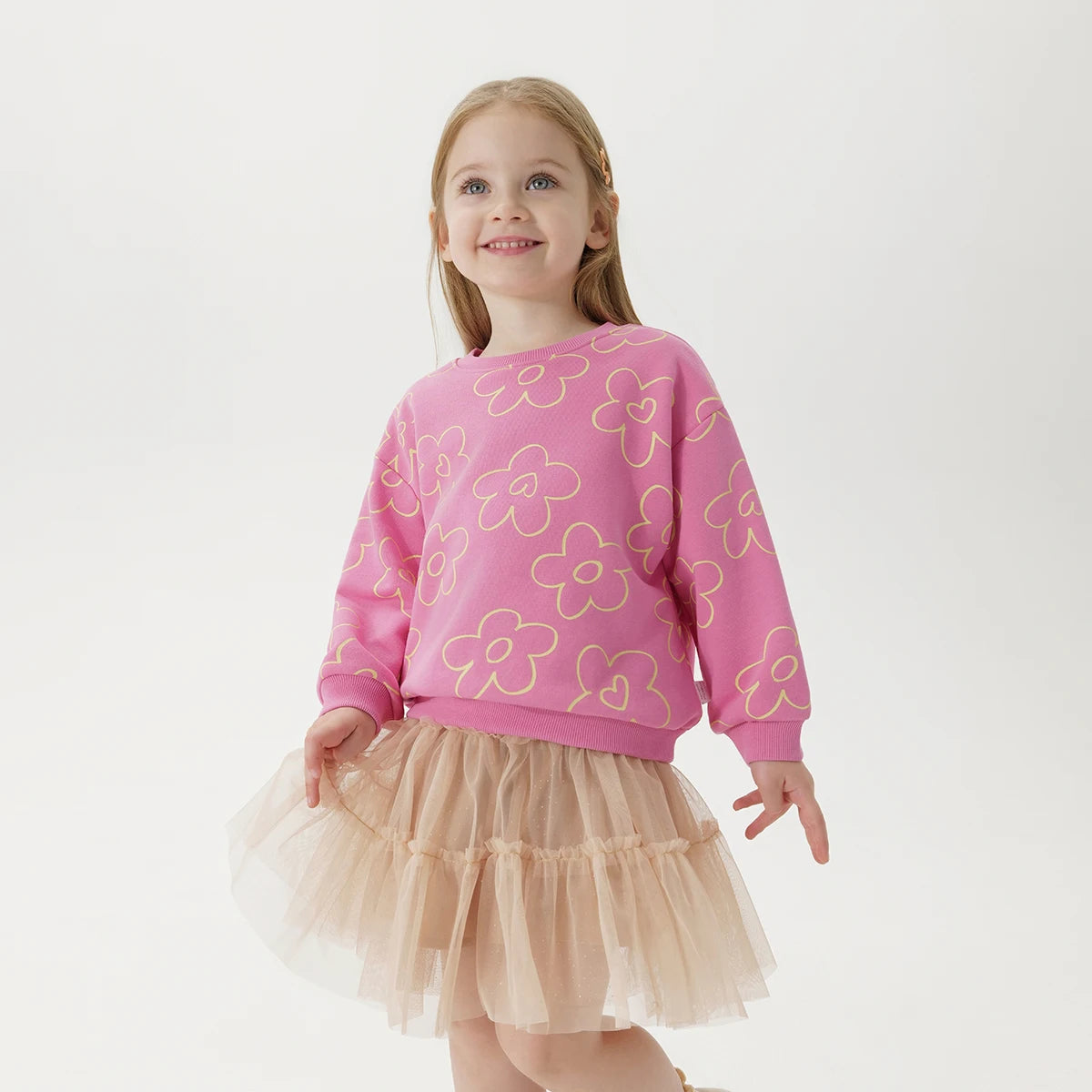 PRETTY_ Girls Loose Fit Heart Flower Sweatshirt Soft Ribbed Crew Neck Tops