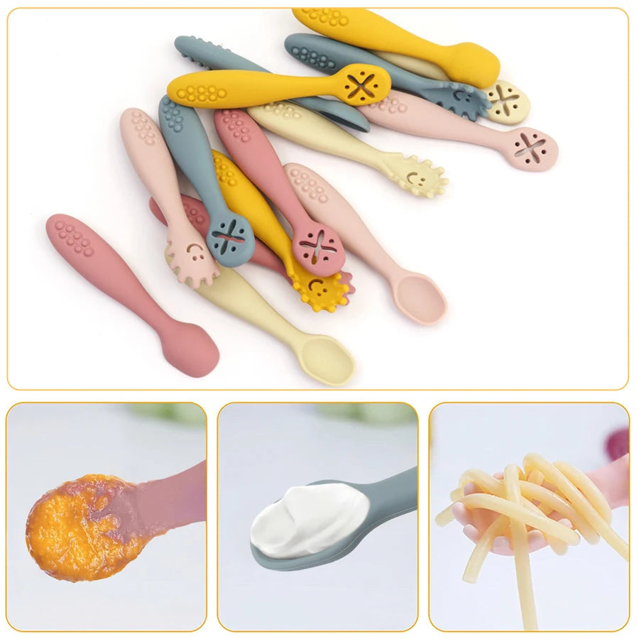 Joy_3PCS Silicone Spoon Fork For Baby Utensils Set Feeding Food Toddler Learn To Eat Training Soft Fork Cutlery Children's Tableware