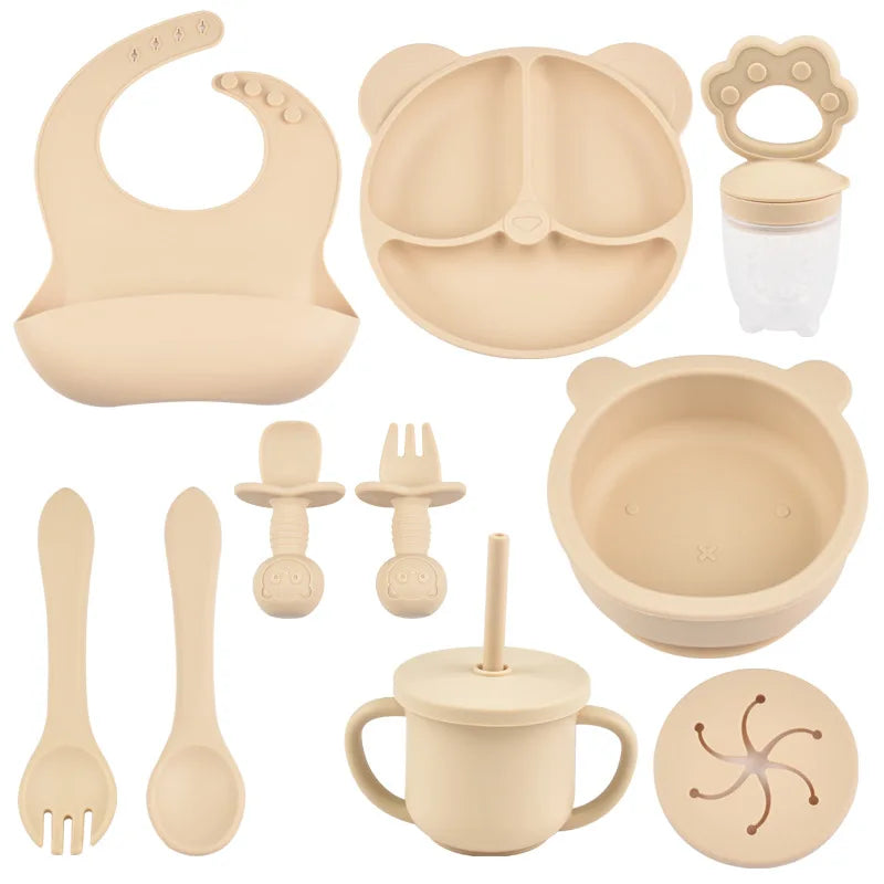JOY_9PCS/Set BPA Free Silicone Baby Feeding Set Sucker Bowl Divided Dinning Plate Straw Cup Spoon Fork Adjustable Bib Children Dishe