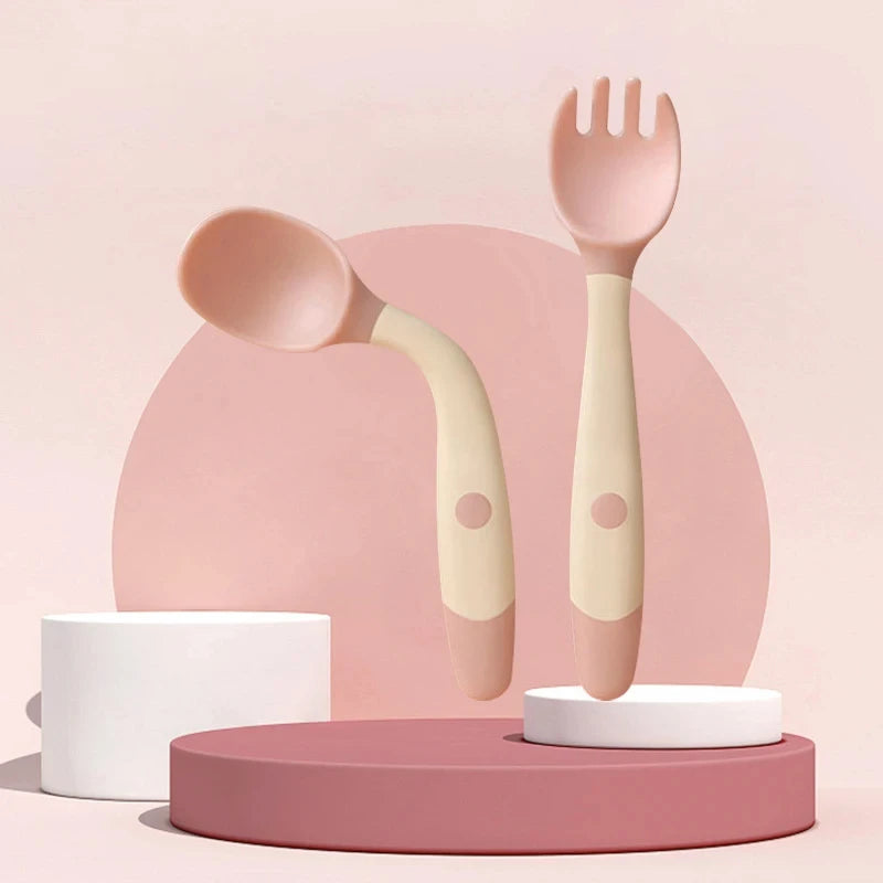 Little one_Bendable Twist Baby Fork And Spoon Set Learn To Eat Training Tableware Silicone PP Soft Spoon Soft Bendable