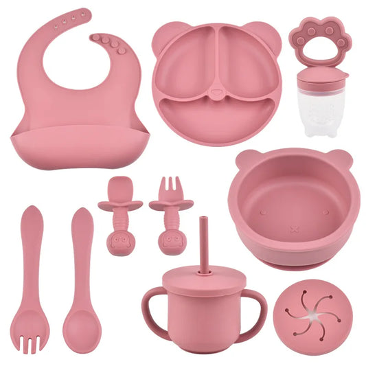 JOY_9PCS/Set BPA Free Silicone Baby Feeding Set Sucker Bowl Divided Dinning Plate Straw Cup Spoon Fork Adjustable Bib Children Dishe