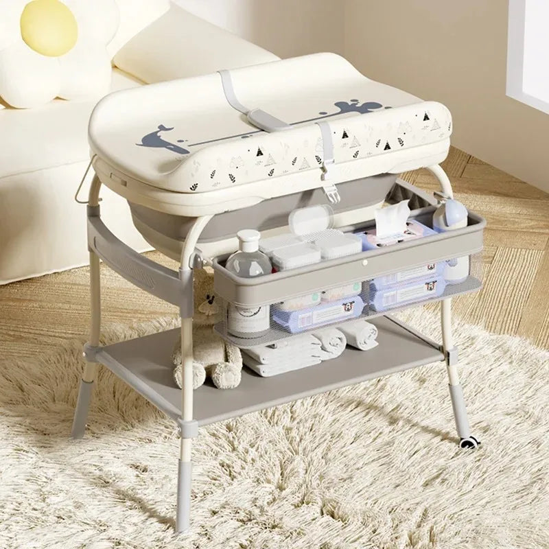Bird _Baby Changing Table with Bathtub 2 in 1 Portable Foldable Infant Diaper Changing Table with Storage Tray 2 Wheels Anti-rollover