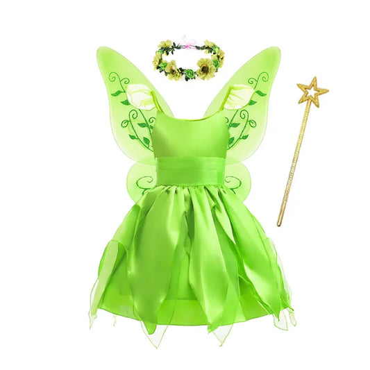 Bird_ Fairy Tinker Bell Dress for Girls Princess Costume Kids Cosplay Green Flower Fairy Elf Wings