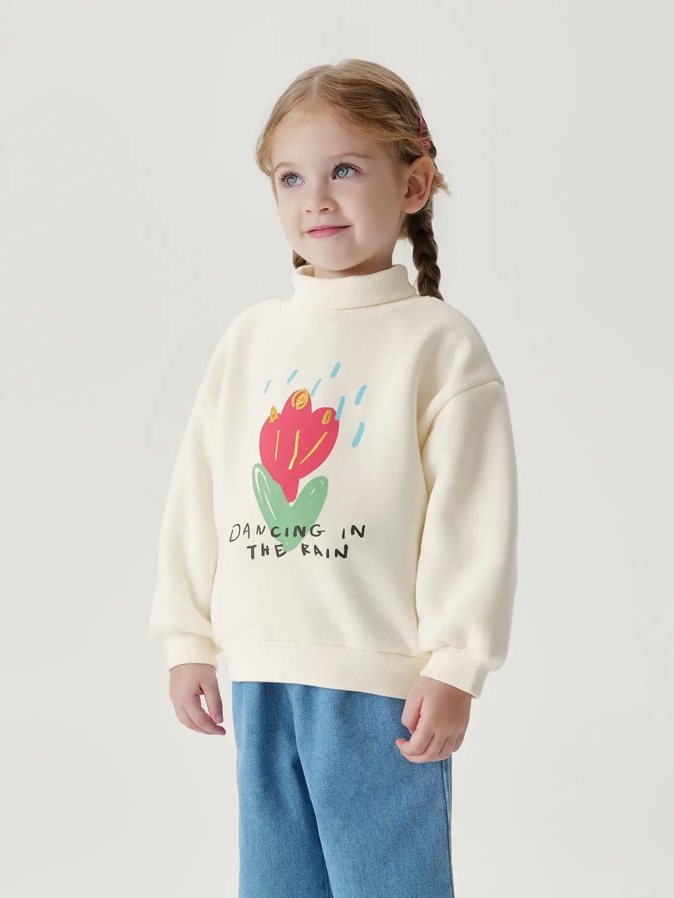 PRETTY_ Girls Cartoon Printed Padded Ribbed High Neck Sweatshirt