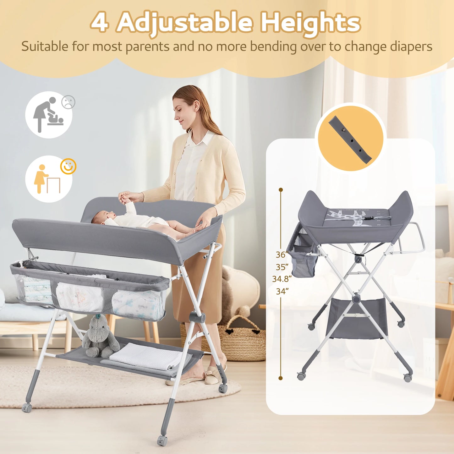 Joy _Portable Baby Changing Table with Wheels, Foldable Changing Station, Waterproof Height Adjustable Changing Table
