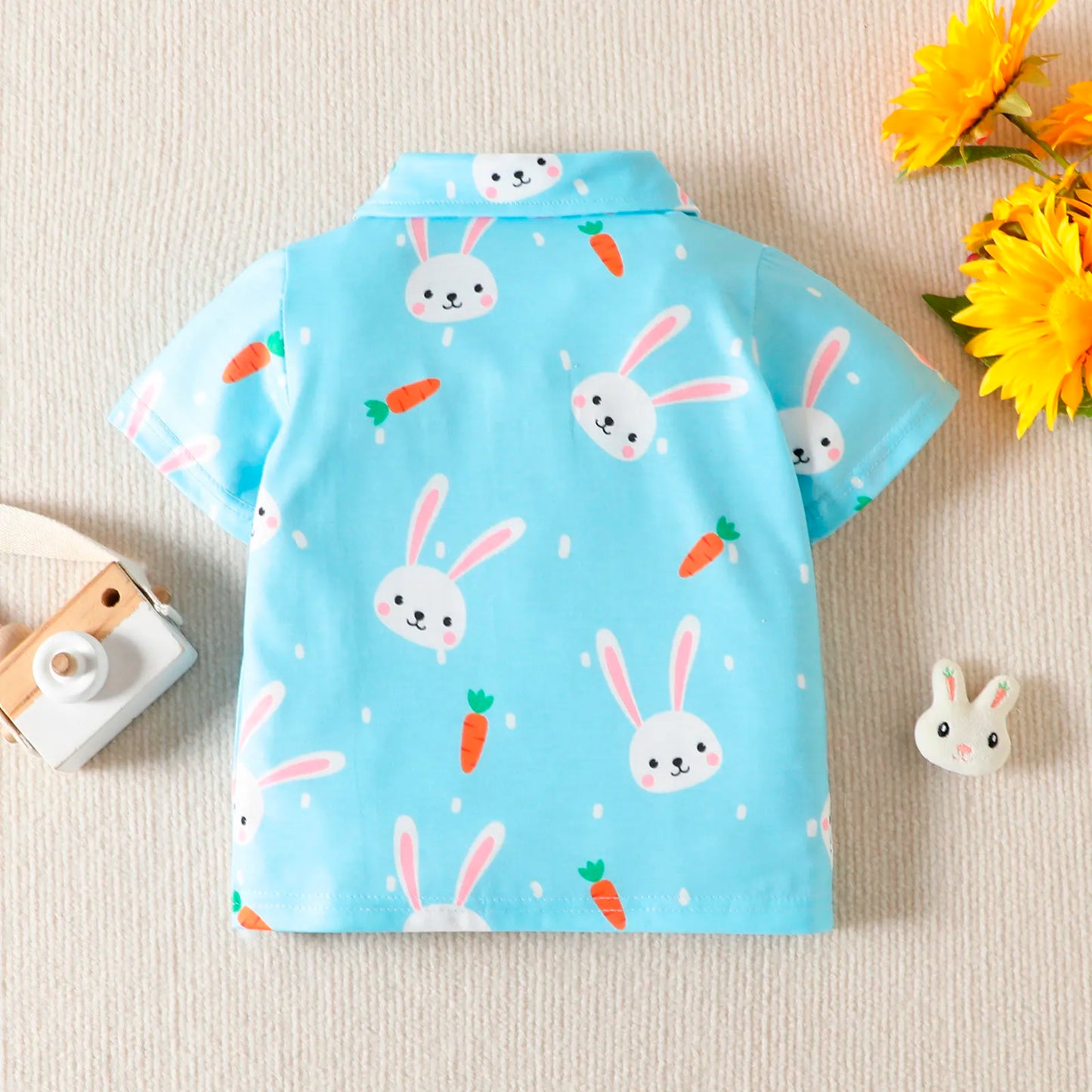 SUNNY_Boys Polo Shirts Short Sleeve Blue Cartoon Rabbit Print Kids Tops