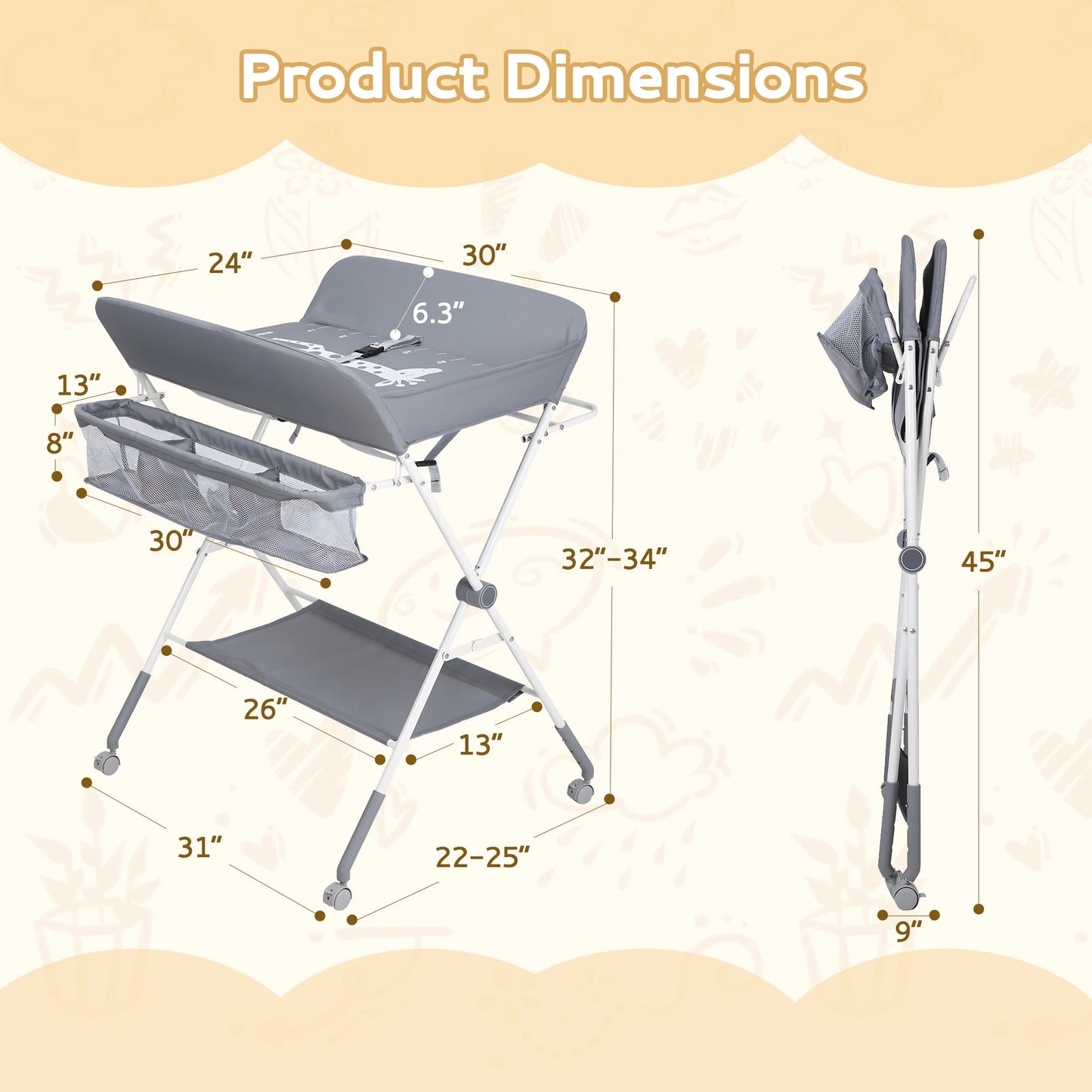 Joy _Portable Baby Changing Table with Wheels, Foldable Changing Station, Waterproof Height Adjustable Changing Table