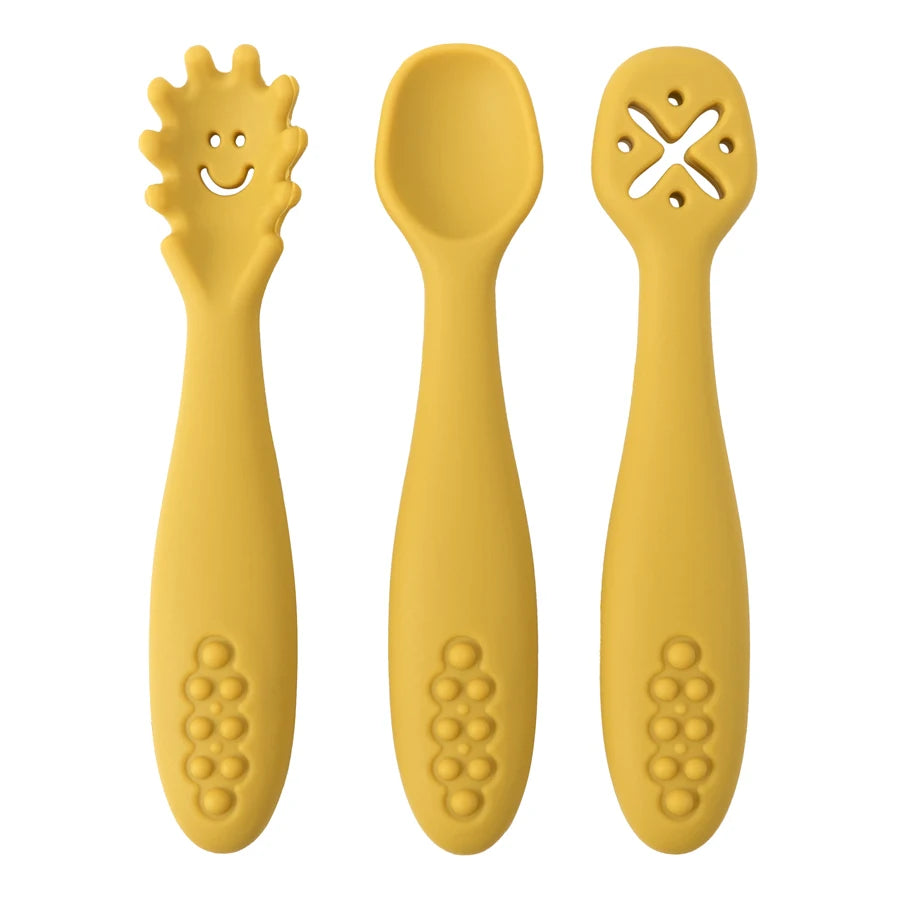 Joy_3PCS Silicone Spoon Fork For Baby Utensils Set Feeding Food Toddler Learn To Eat Training Soft Fork Cutlery Children's Tableware