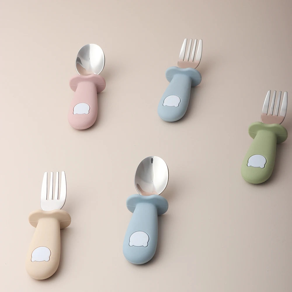 Bird_Baby panda shape silicone spoon and fork stainless steel baby feeding spoon