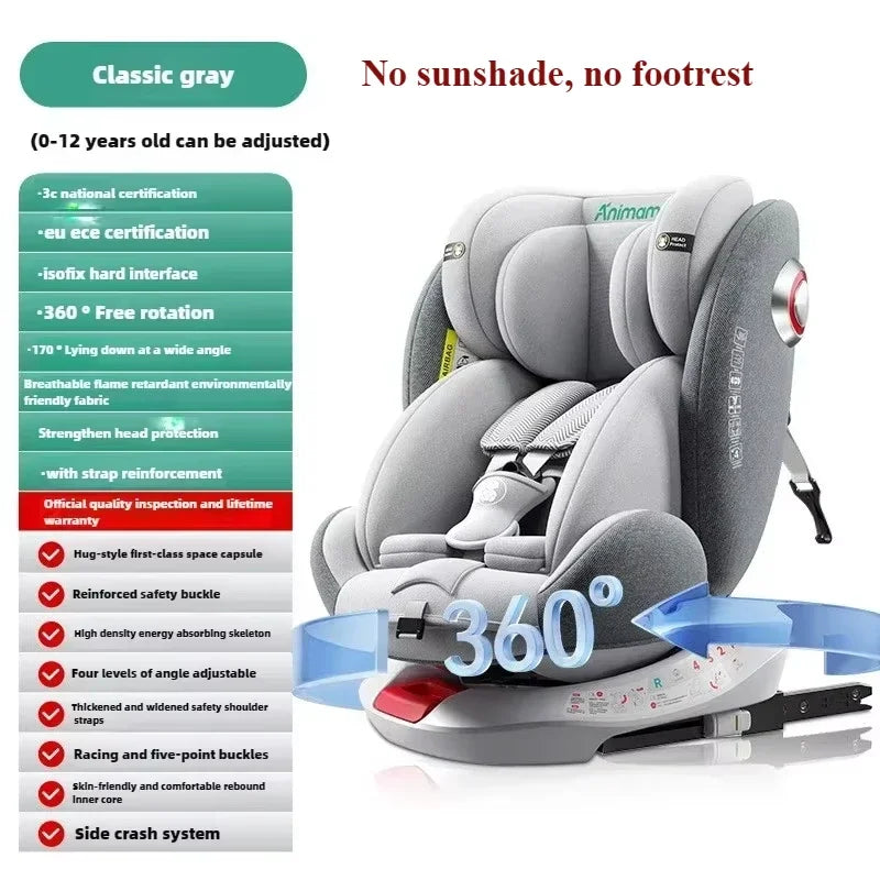 Little one _360° Rotating Child Car Safety Seat 0-12 Years Old Growth Safety Seat with Footrest and Sunshade ISOFIX Steel Interface