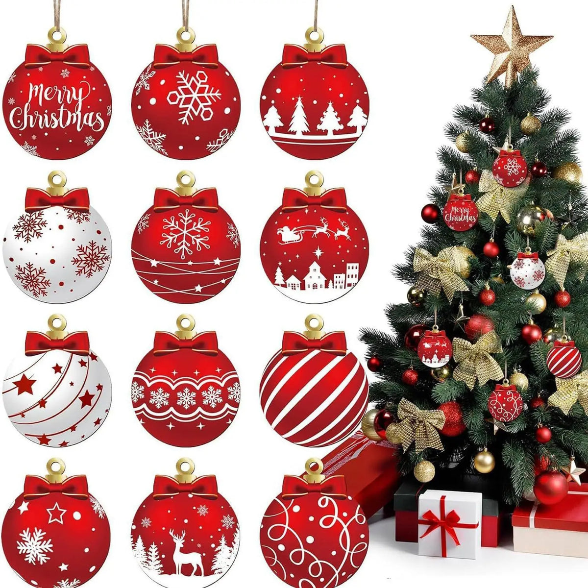 12pcs/set Red and White Wooden Christmas Ball Ornament