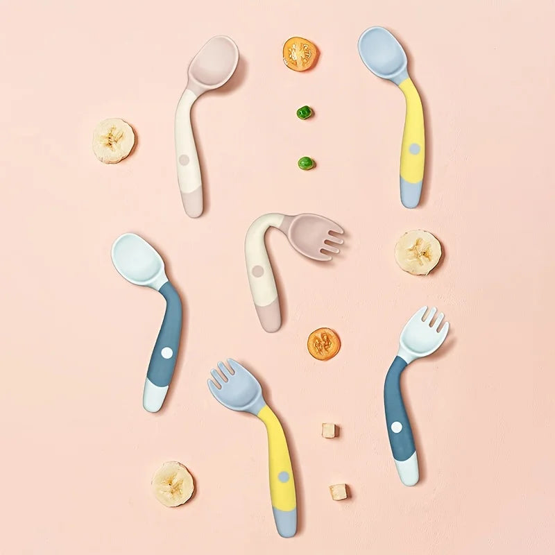 Little one_Bendable Twist Baby Fork And Spoon Set Learn To Eat Training Tableware Silicone PP Soft Spoon Soft Bendable
