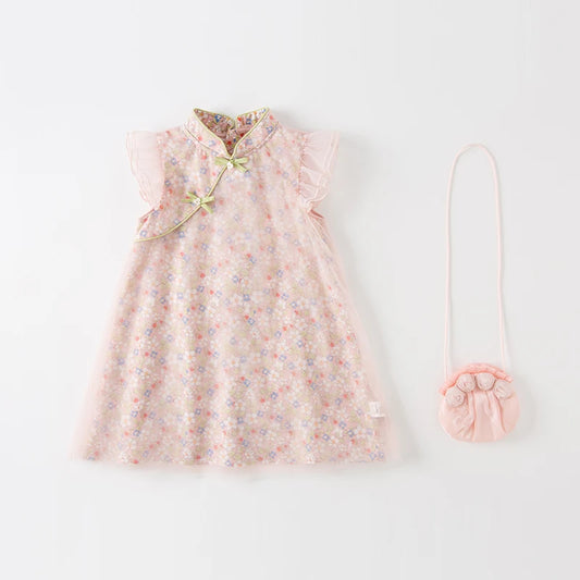 FLOWRY_ Pink Floral Print Children's Girls Cheongsam Style Dress