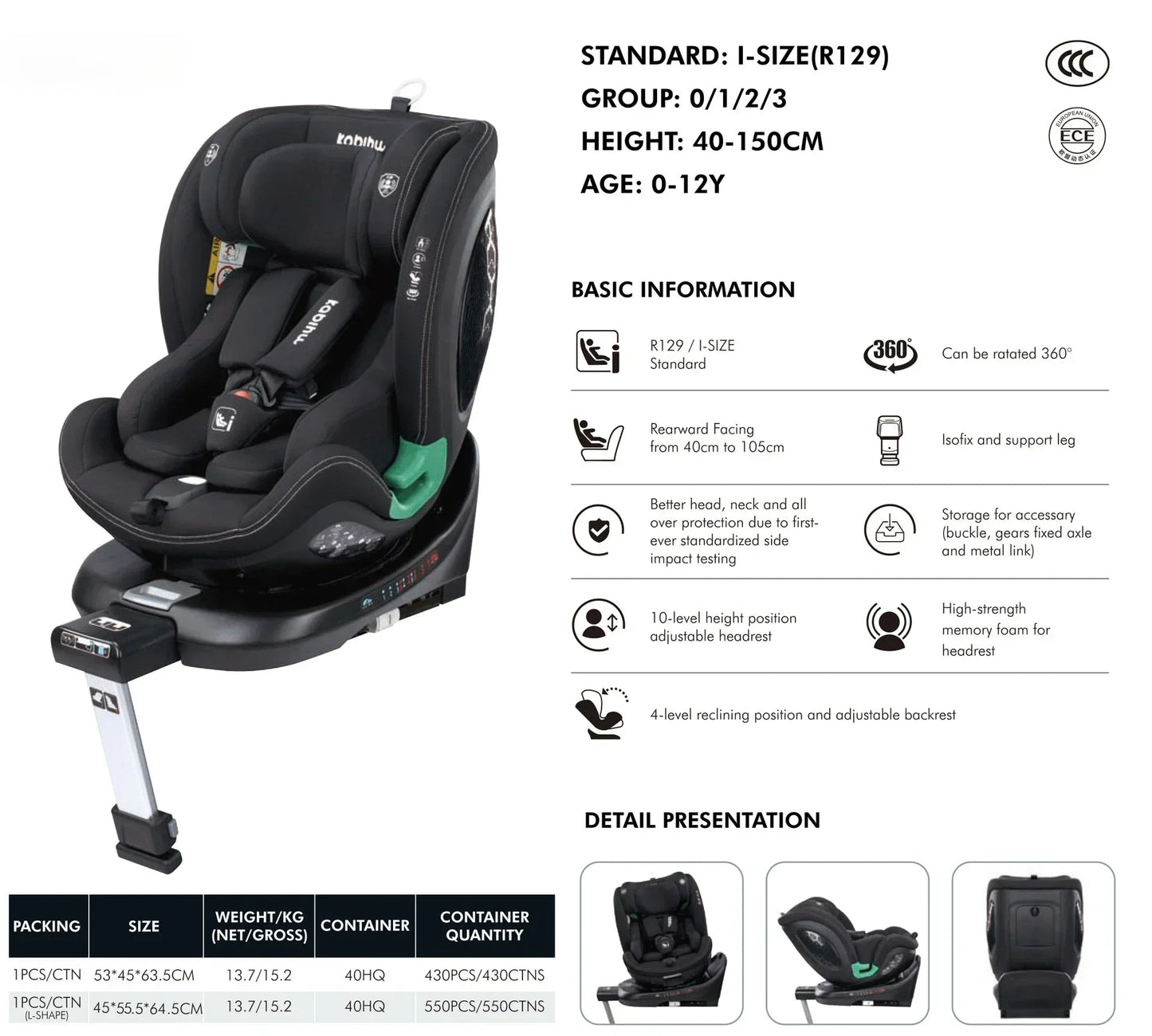 JOY _Child Car Seat with Support Seat Can Be Rotated 360° and Backrest Angle Can Be Adjusted Car Seat for 1-12 Years Old