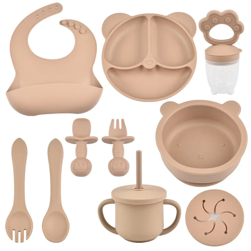 JOY_9PCS/Set BPA Free Silicone Baby Feeding Set Sucker Bowl Divided Dinning Plate Straw Cup Spoon Fork Adjustable Bib Children Dishe