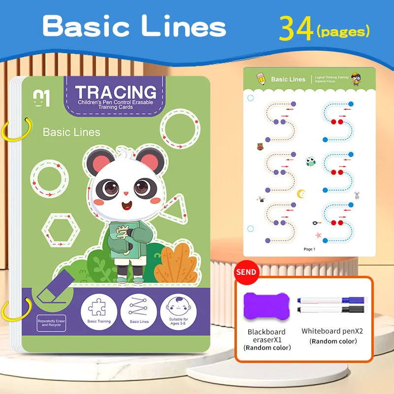 Kids Reusable Tracing Workbook – Early Learning Writing & Drawing Book with Erasable Pen