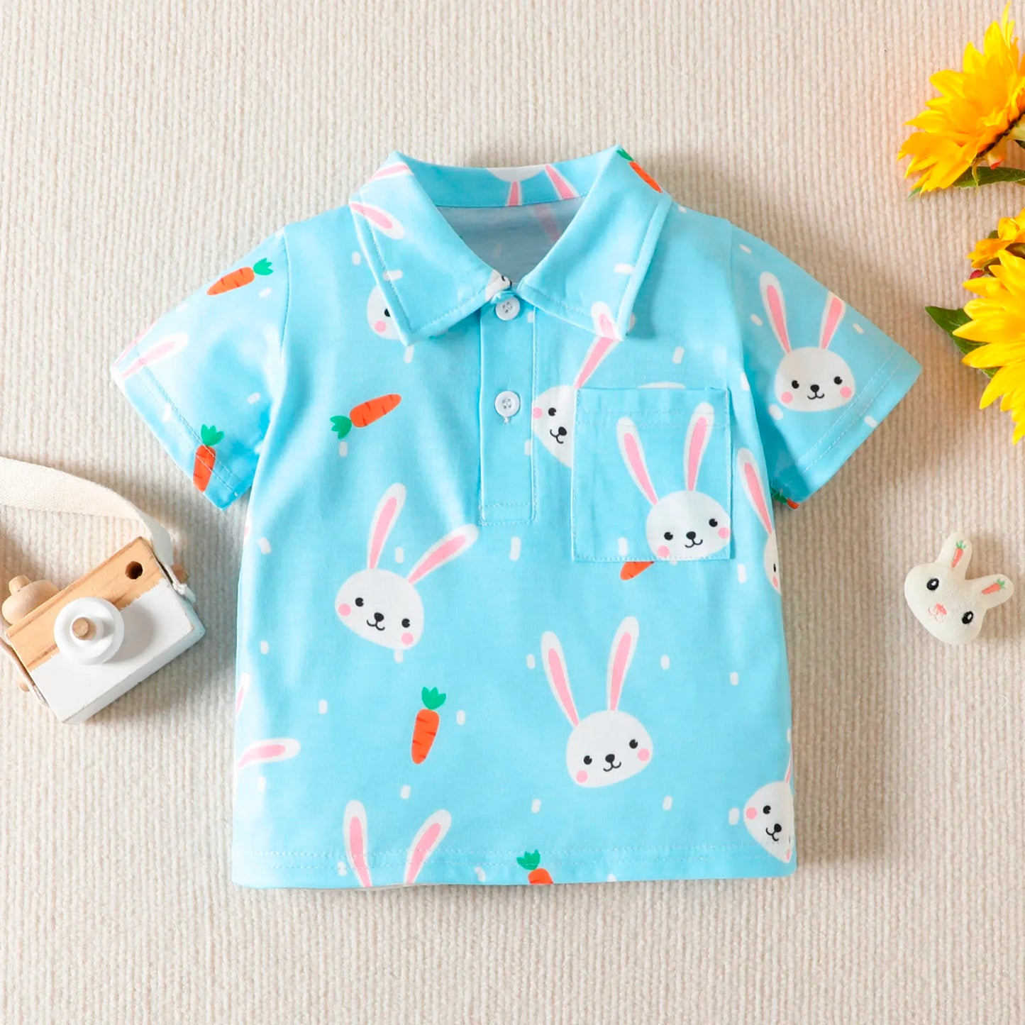 SUNNY_Boys Polo Shirts Short Sleeve Blue Cartoon Rabbit Print Kids Tops