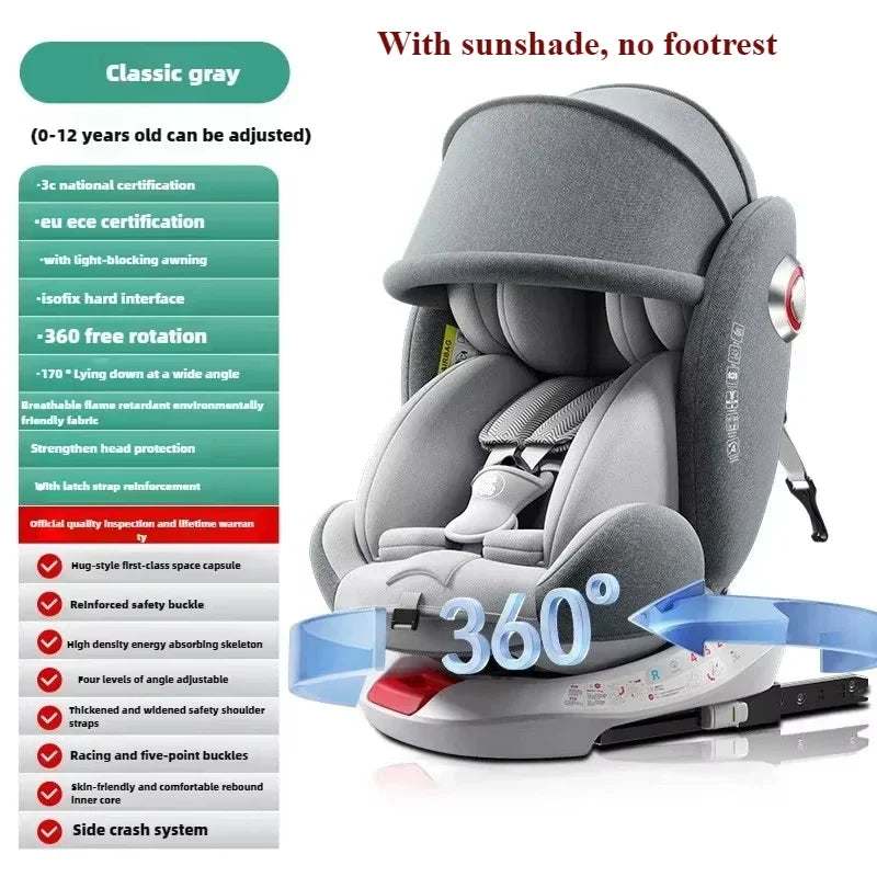 Little one _360° Rotating Child Car Safety Seat 0-12 Years Old Growth Safety Seat with Footrest and Sunshade ISOFIX Steel Interface