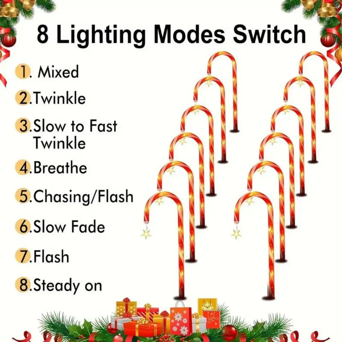 8pcs/set solar powered garden cane lights for christmas