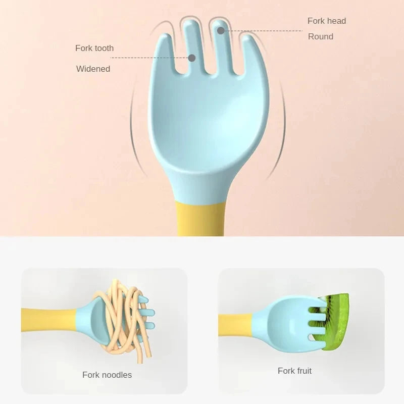 Little one_Bendable Twist Baby Fork And Spoon Set Learn To Eat Training Tableware Silicone PP Soft Spoon Soft Bendable