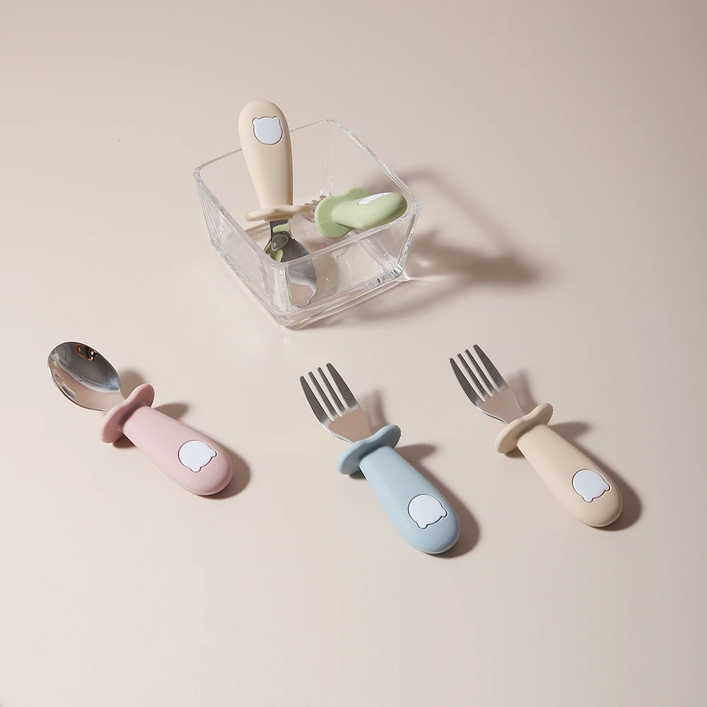 Bird_Baby panda shape silicone spoon and fork stainless steel baby feeding spoon