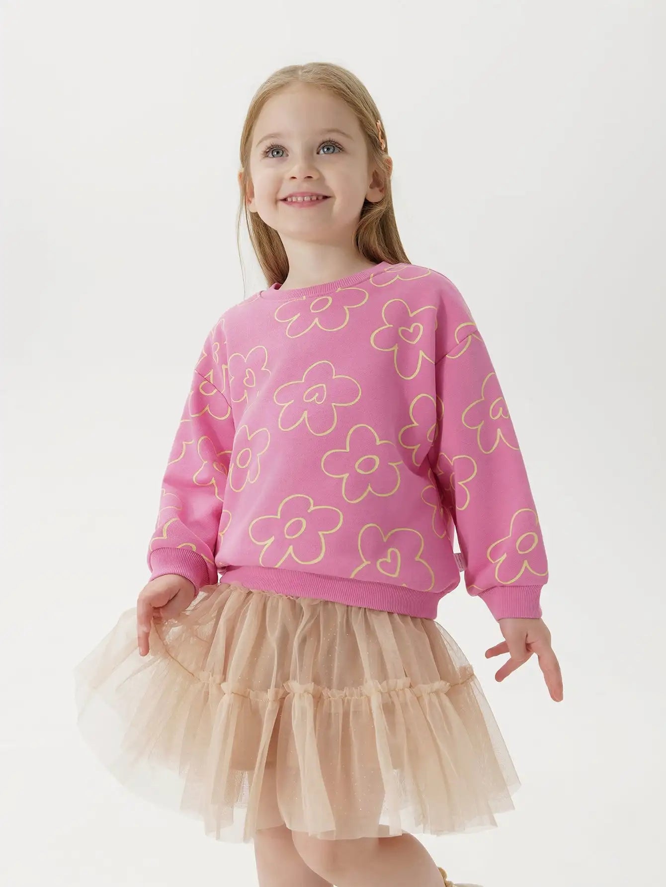 PRETTY_ Girls Loose Fit Heart Flower Sweatshirt Soft Ribbed Crew Neck Tops