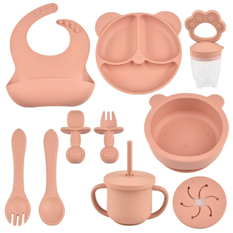 JOY_9PCS/Set BPA Free Silicone Baby Feeding Set Sucker Bowl Divided Dinning Plate Straw Cup Spoon Fork Adjustable Bib Children Dishe