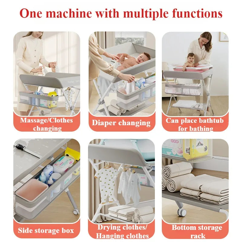 Baby land _Portable Baby Changing Table for Nursery Height Adjustable Foldable Diaper Table with Swivel Wheels Drying Rack Large Storage