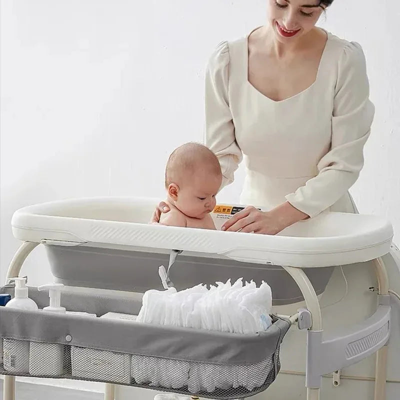 Bird _Baby Changing Table with Bathtub 2 in 1 Portable Foldable Infant Diaper Changing Table with Storage Tray 2 Wheels Anti-rollover