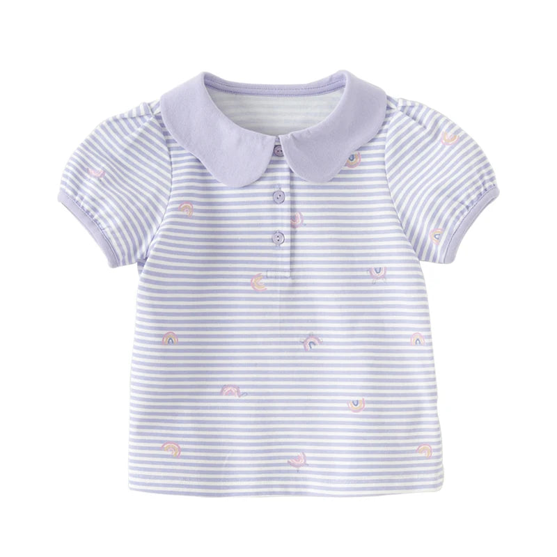 Little one_ Girls Short Sleeved Polo Shirt with Lapel T-shirt Summer Children's Clothing Kid Rainbow Print Top